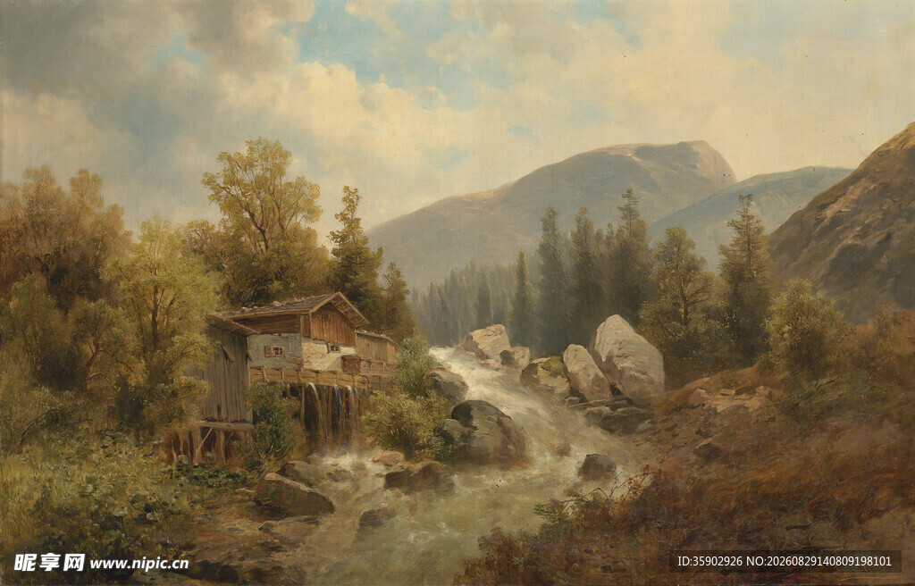 山间小屋旁的溪流风景