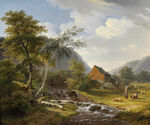 田园溪边小屋风景画