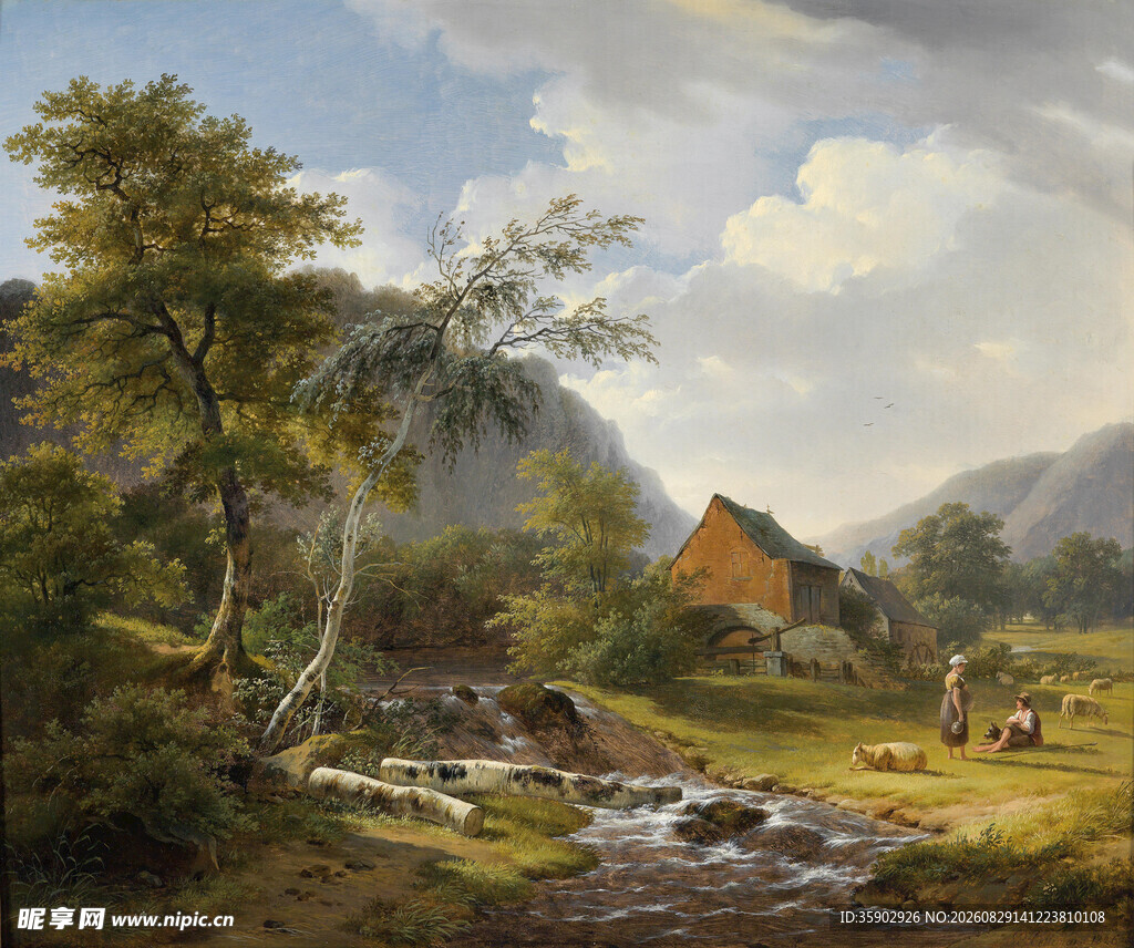 田园溪边小屋风景画