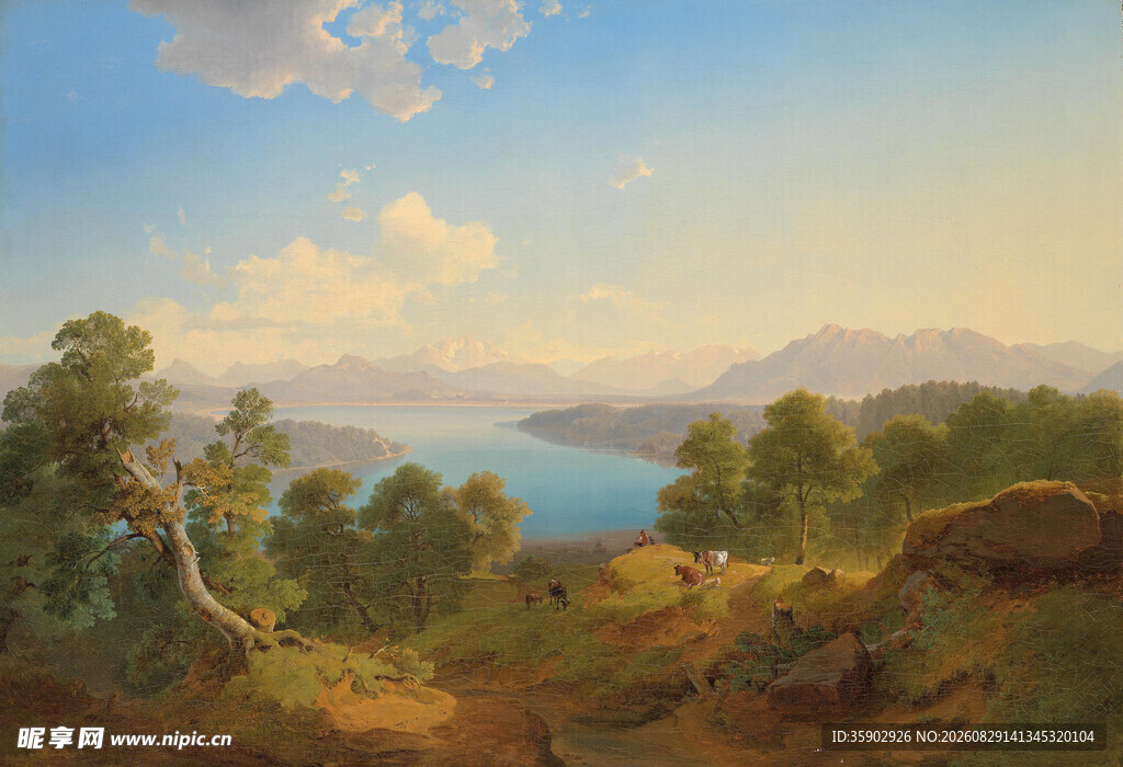 湖畔山林风景油画