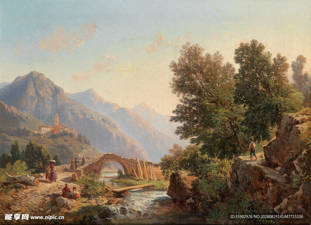 山间石桥风景油画