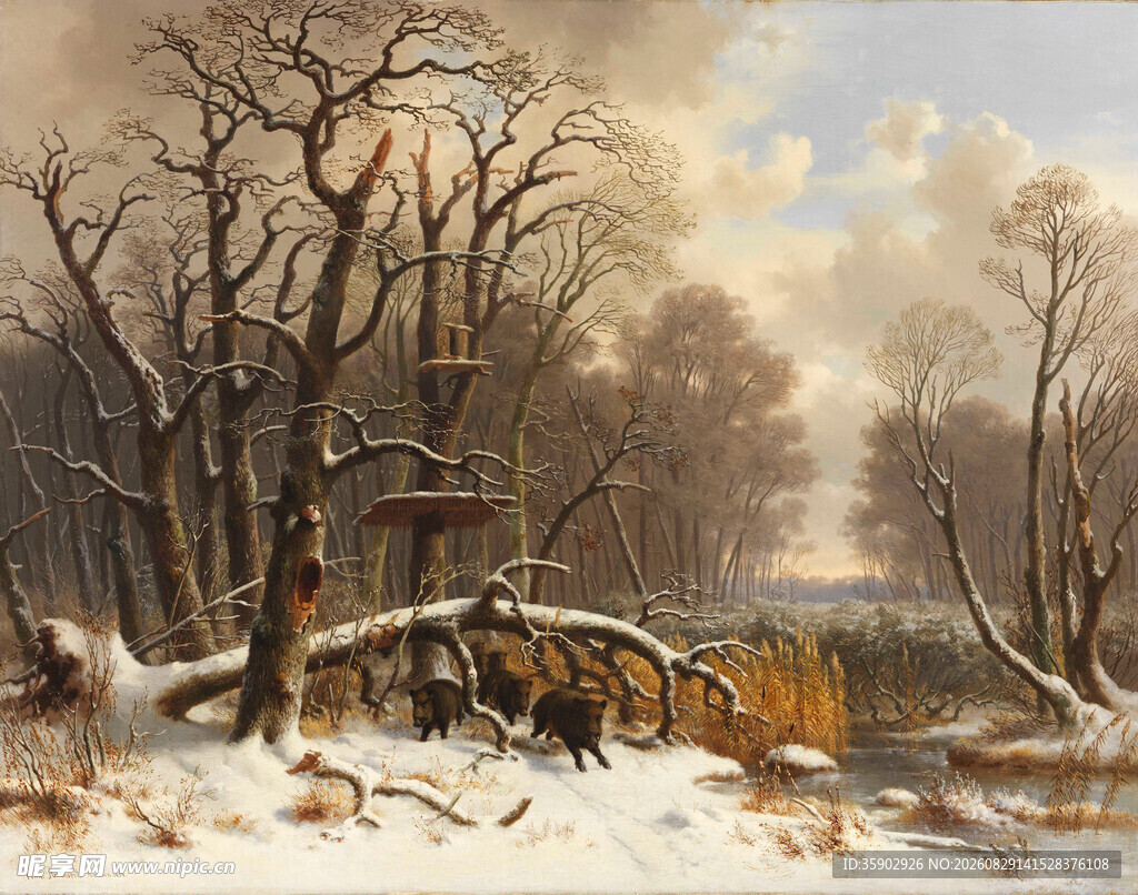 冬日雪景中的古朴木桥