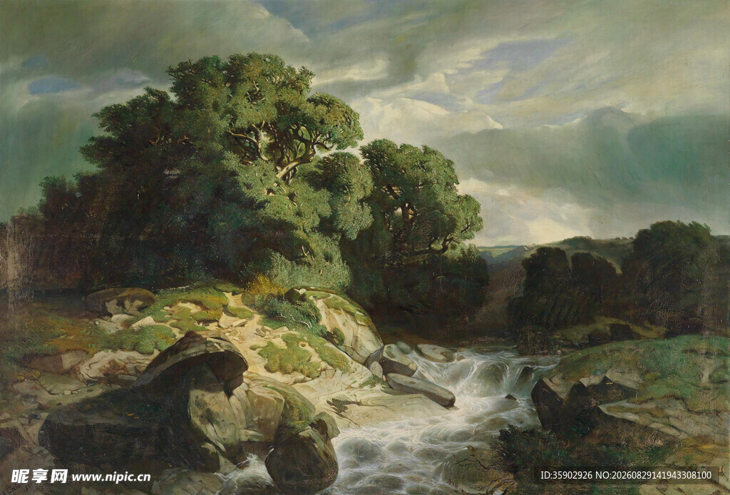 溪边丛林风景油画