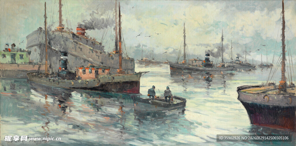 港口船只水彩画场景