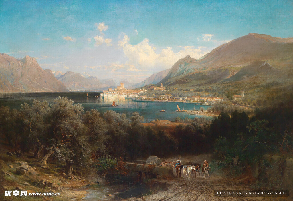湖畔山野风景油画