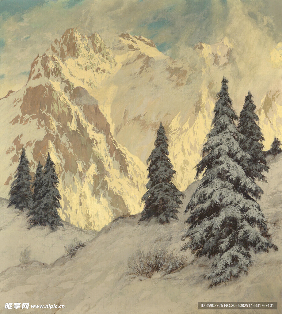 冬日雪山松林美景
