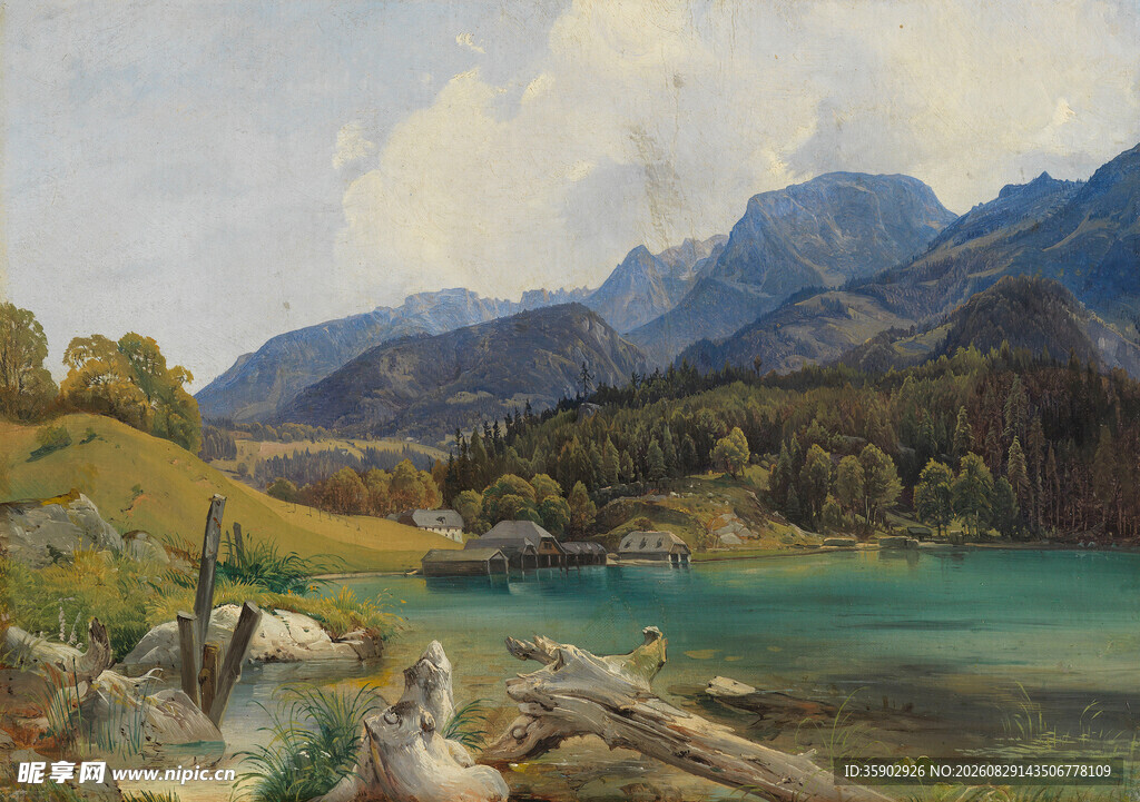 湖畔山景油画风光