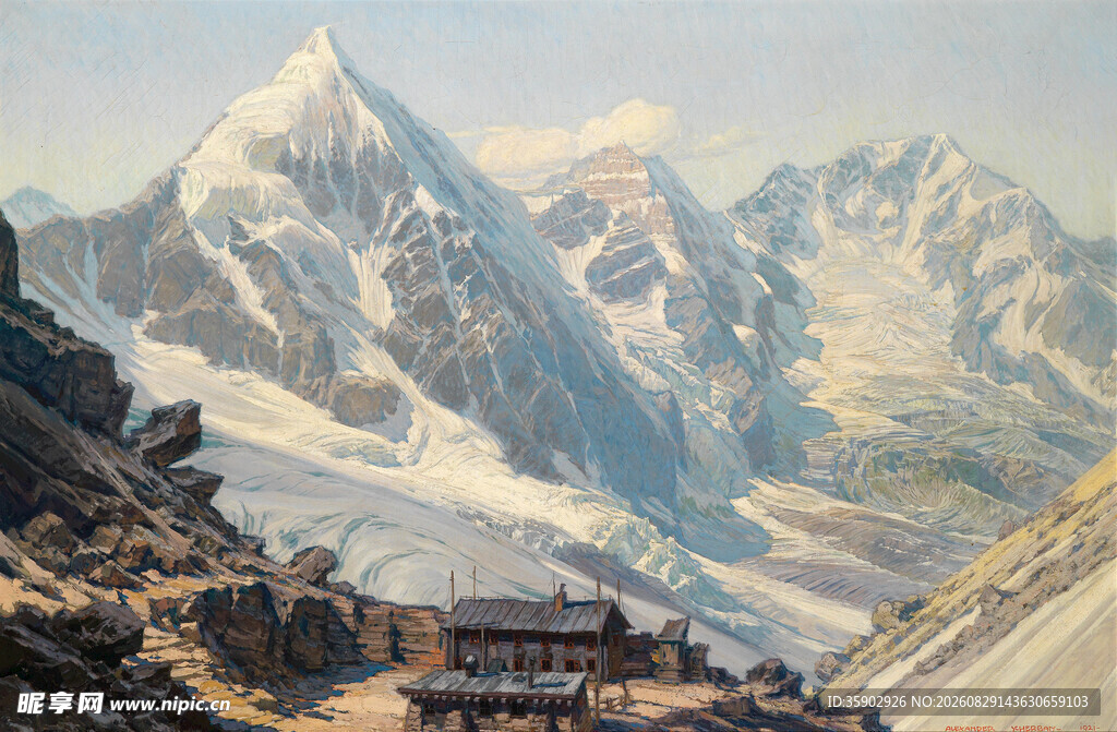 雪山下的山间小屋