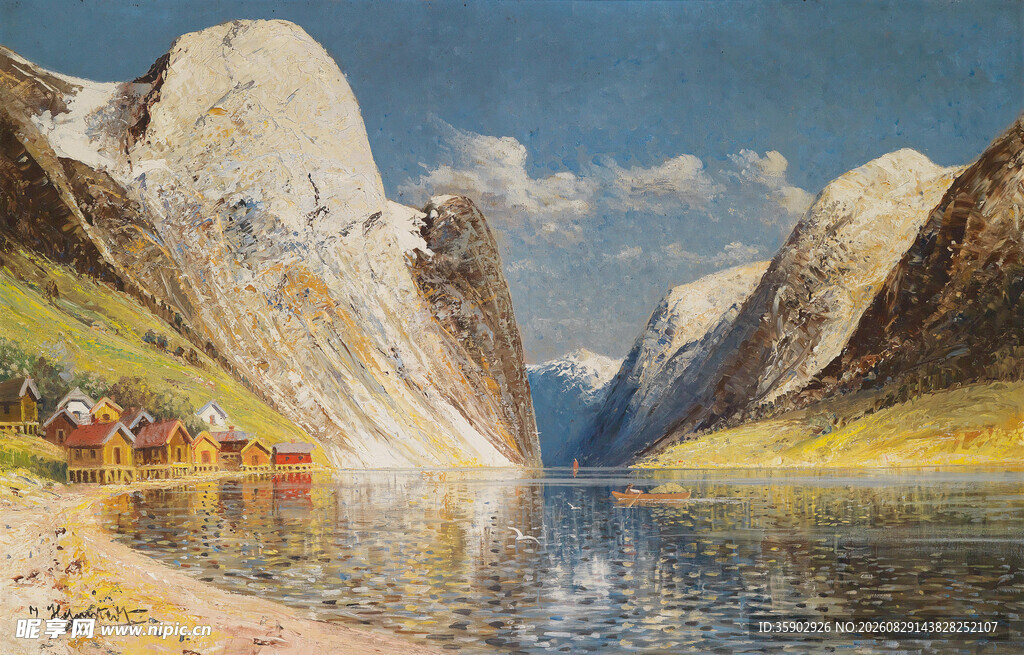 湖畔山景油画风光
