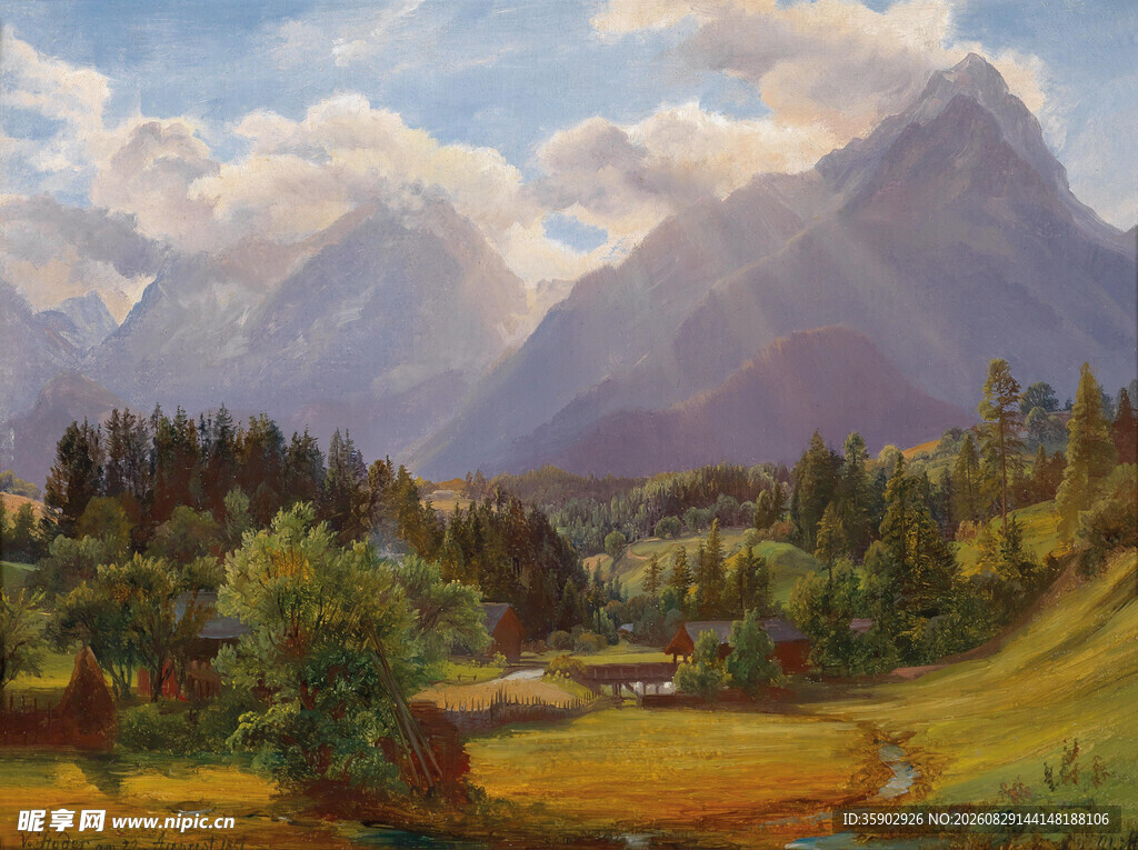 山间田园风景油画
