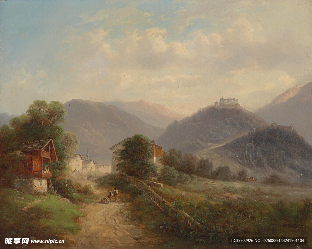 田园山间风景油画作品