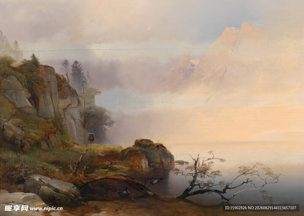 山间晨景油画风光
