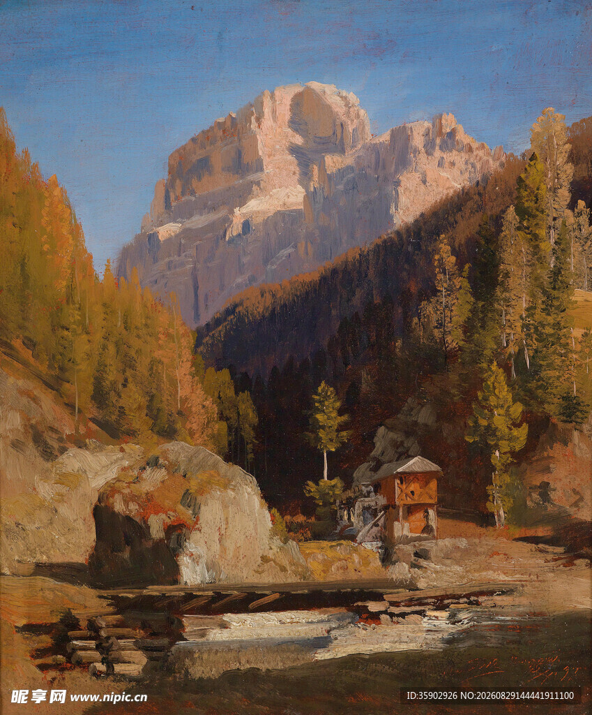 山间美景中的小屋与溪流