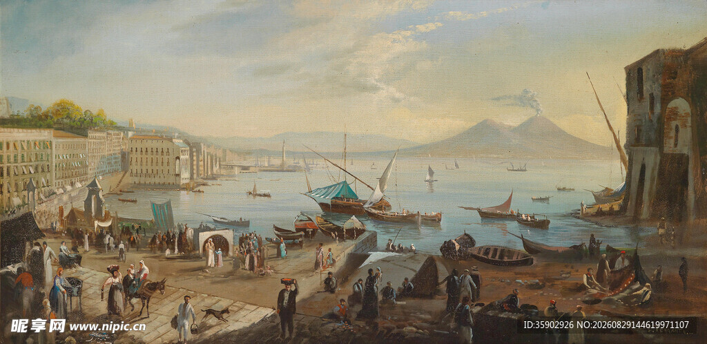 港口热闹场景油画