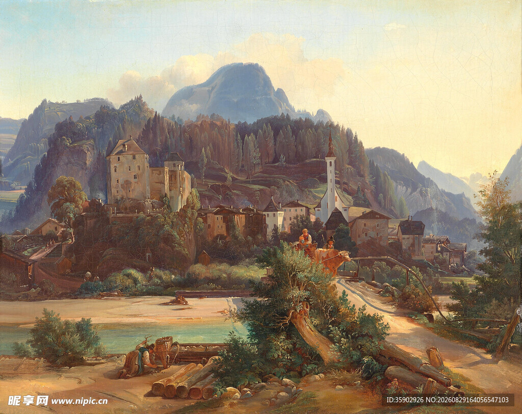 山间城堡风景油画