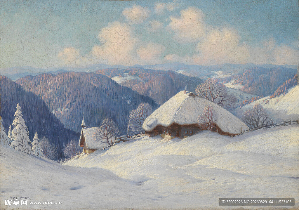 冬日雪覆山村美景