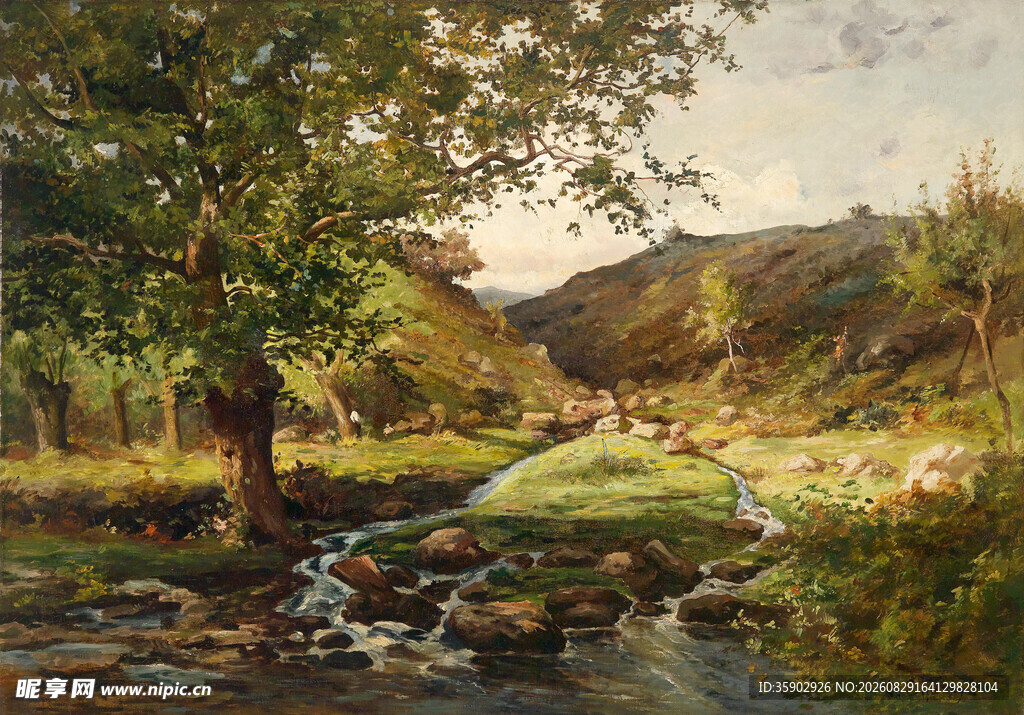 乡村溪边风景油画