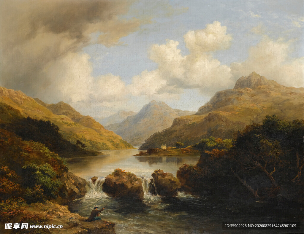 山间河谷风景油画