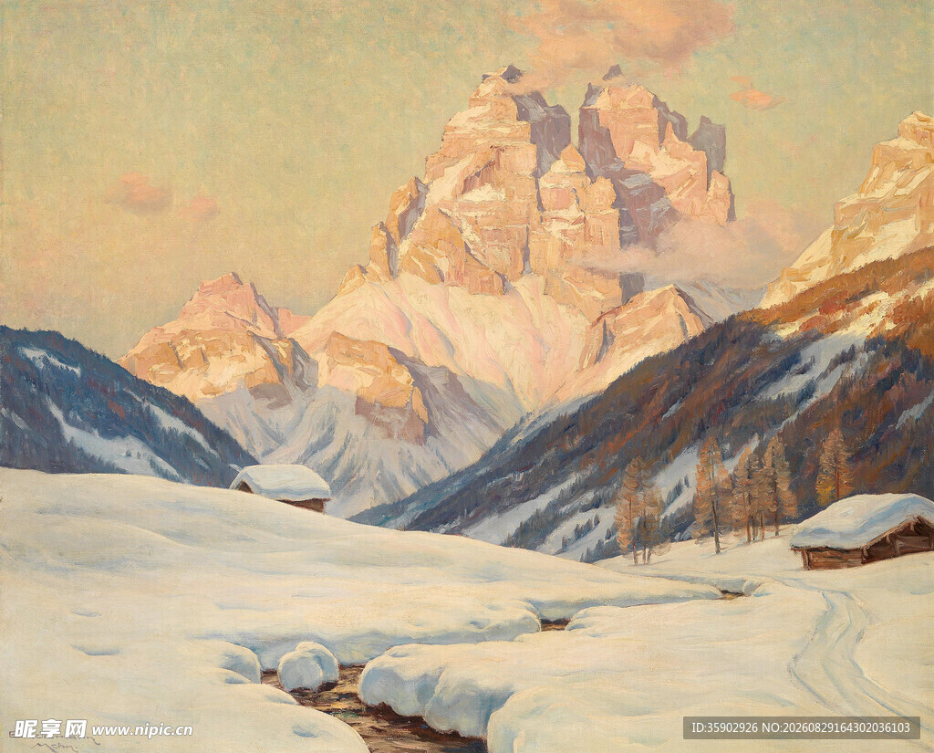 雪山风景中的静谧村落