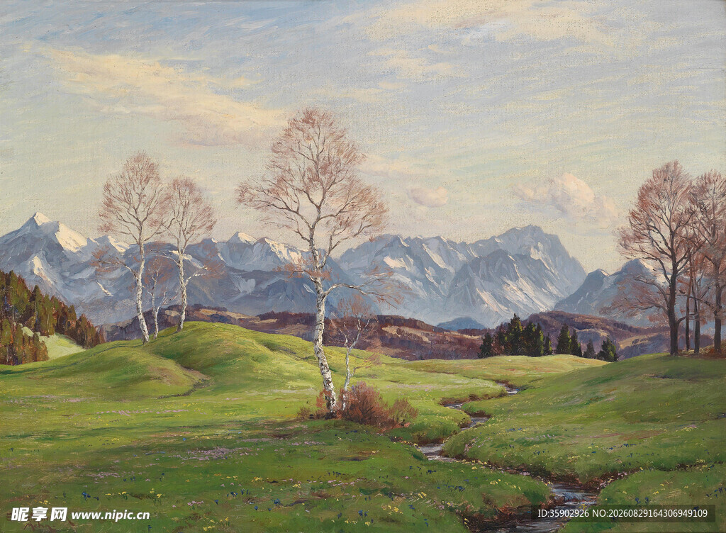 山间草地风景油画