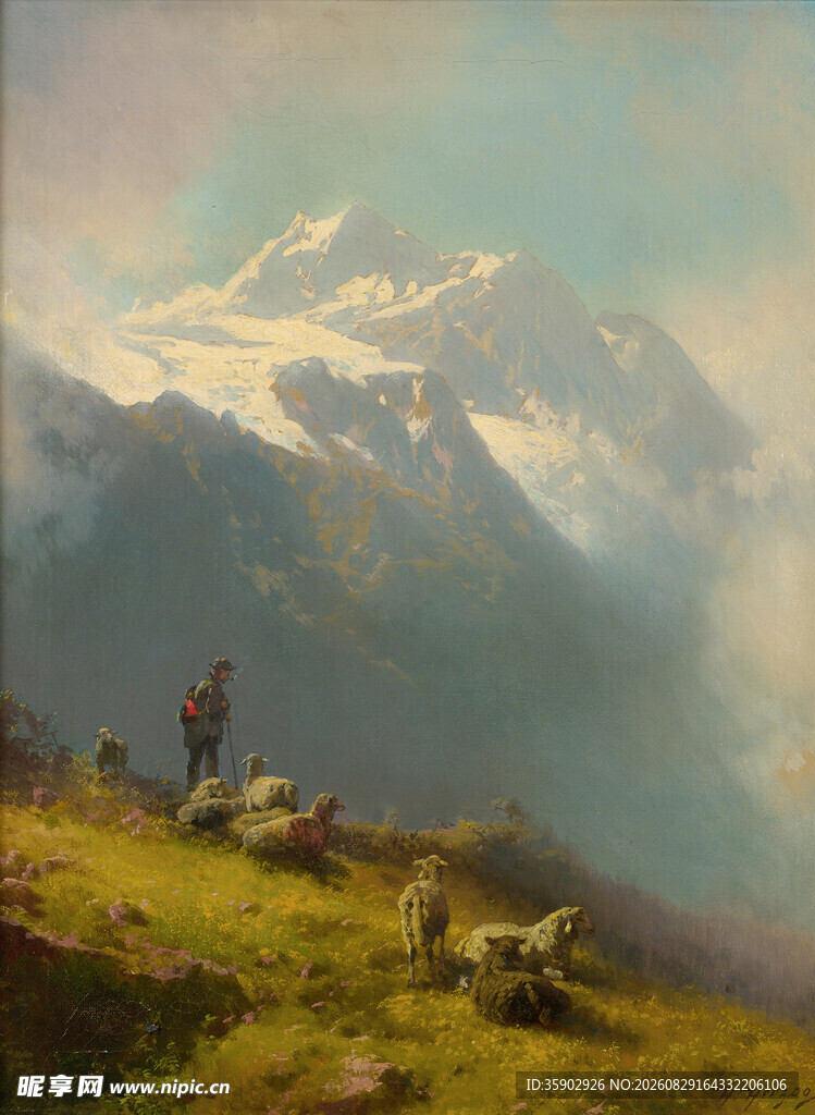 山间徒步者与壮丽雪山景色