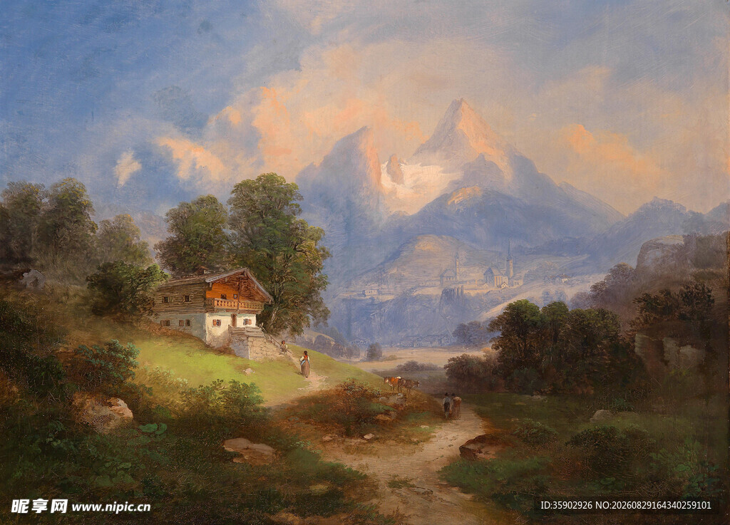 山间小屋风景油画