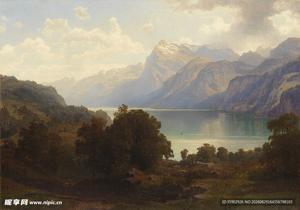 湖畔山峦油画风景