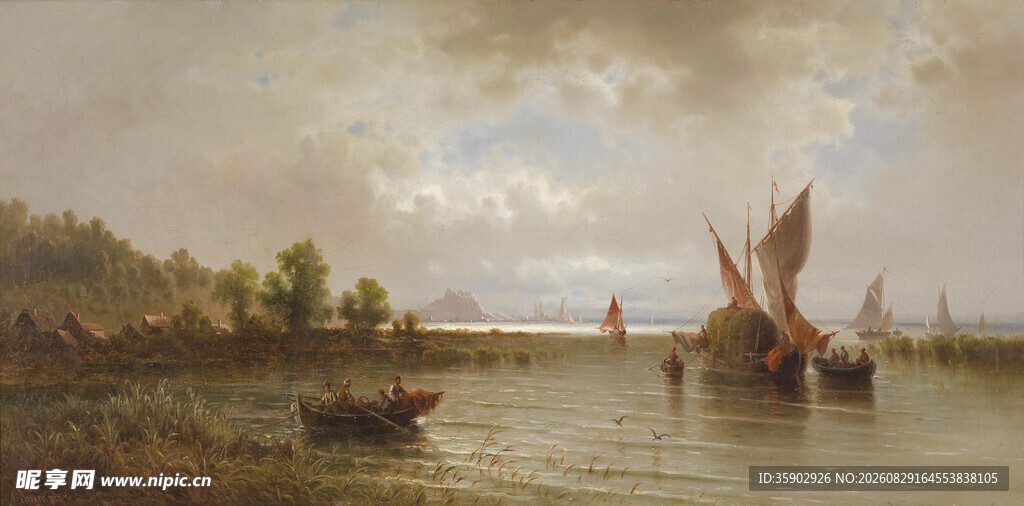 河畔帆船风景油画