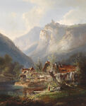 山间湖畔乡村风景油画