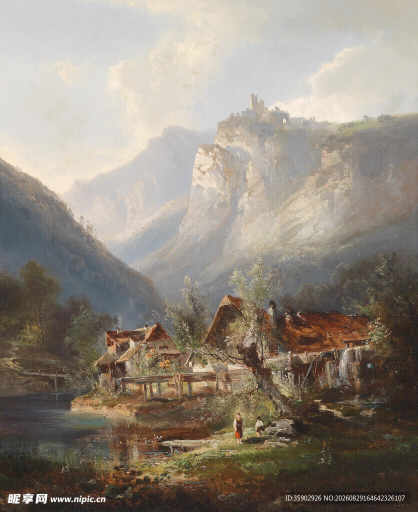 山间湖畔乡村风景油画