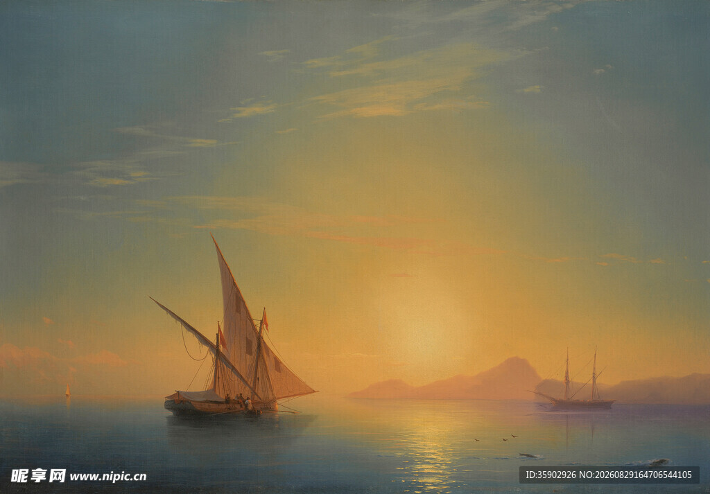 海上落日下的帆船美景