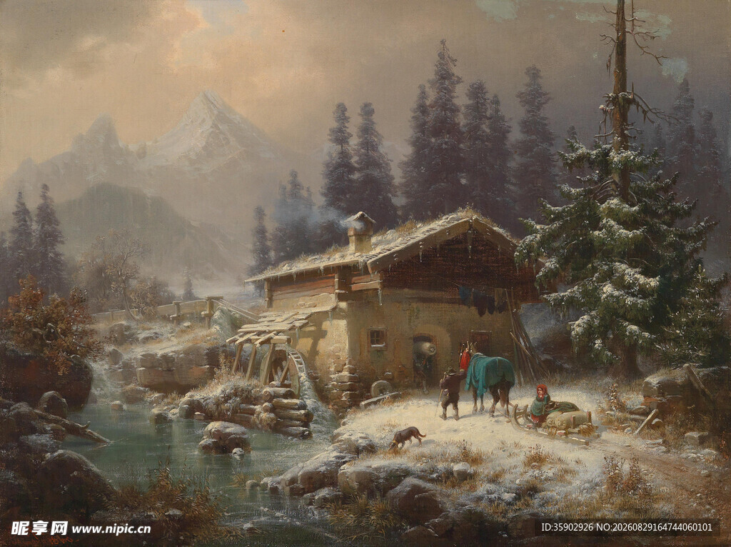 雪中山间小屋风景