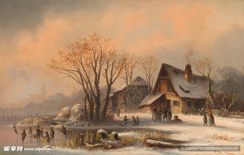 冬日乡村雪景温馨画面