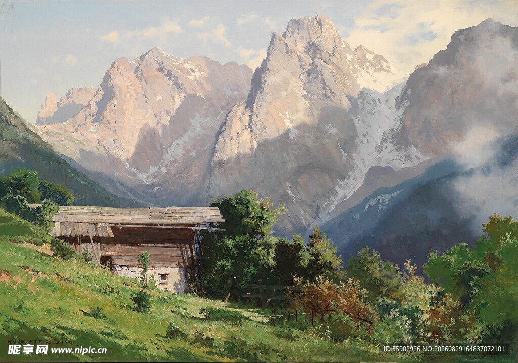 山间小屋旁的壮丽山景