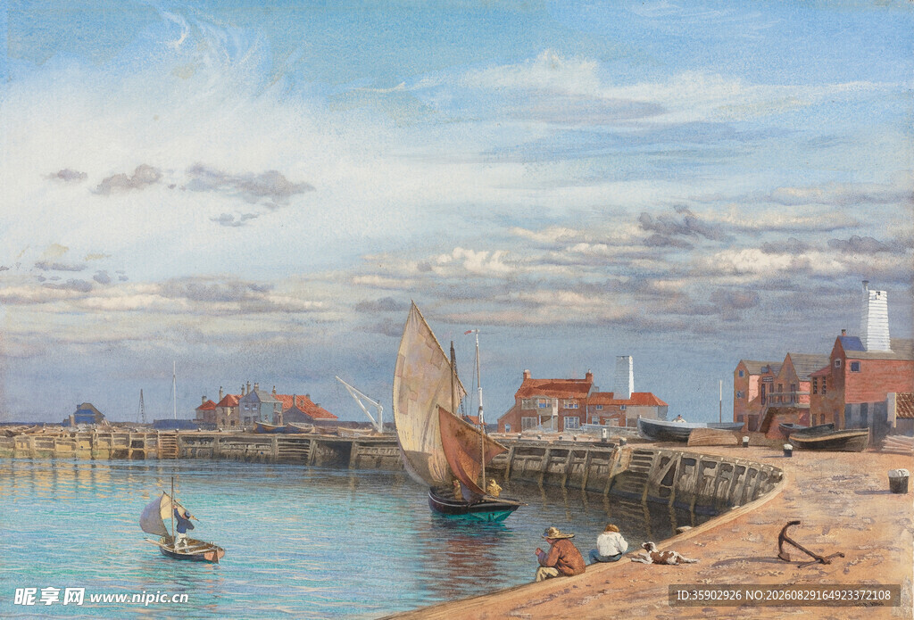 海滨小镇港口风景画作