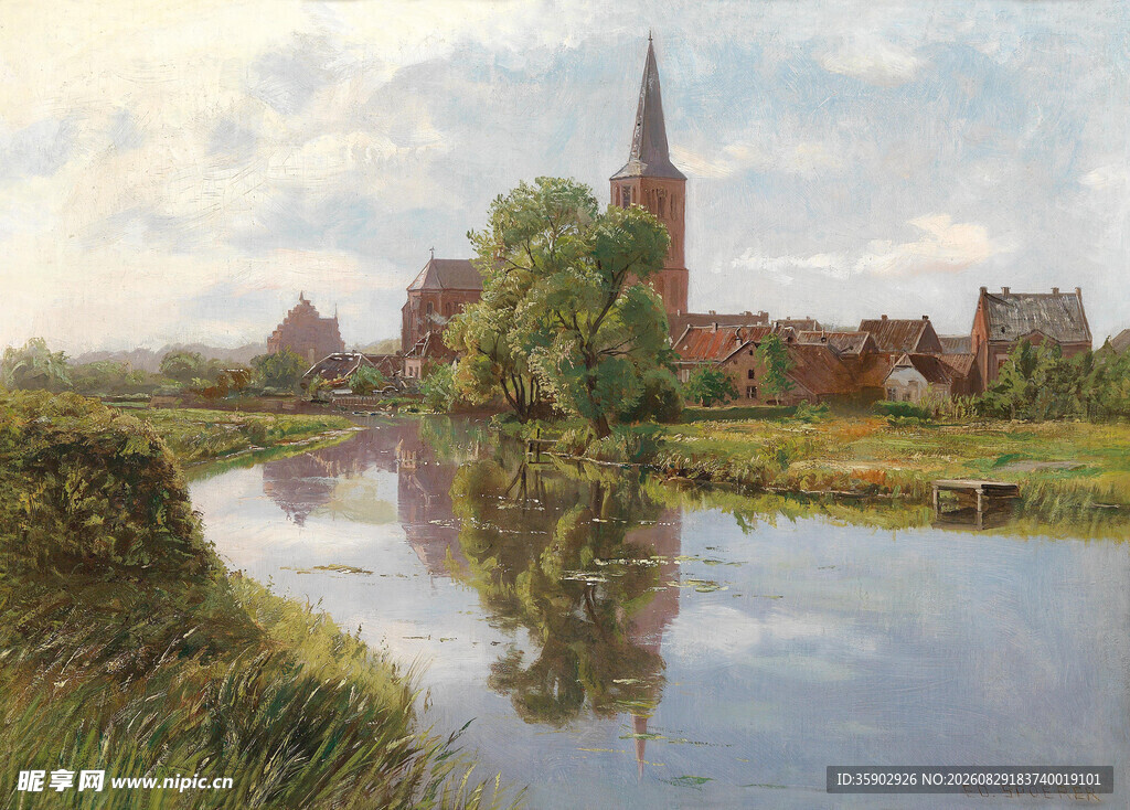 河畔古堡风景油画