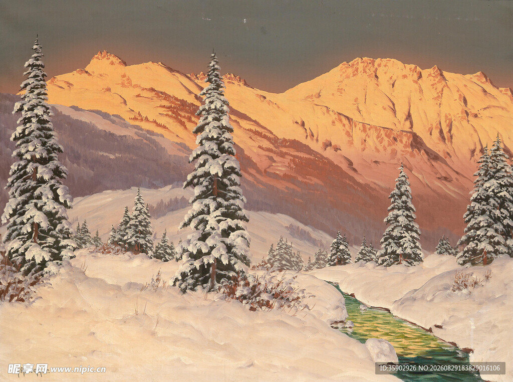 冬日雪山松林美景