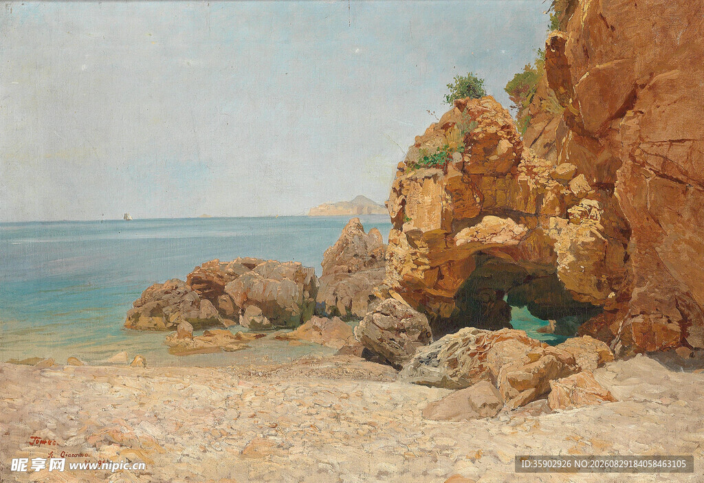 海边岩石景观油画