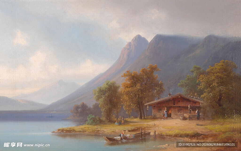 湖畔小屋远山美景