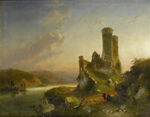河畔古堡风景油画