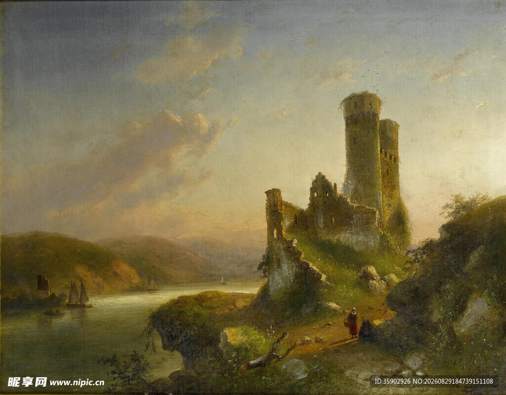 河畔古堡风景油画