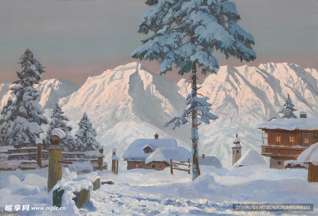 冬日雪景中的静谧山村