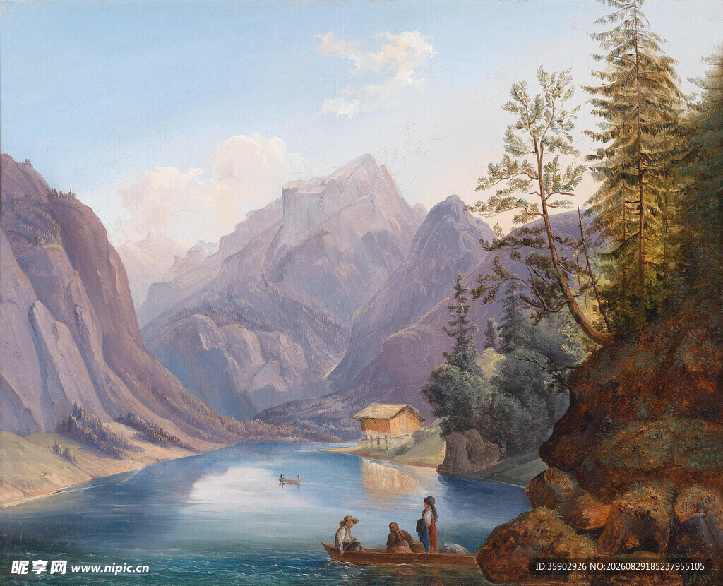 山间湖畔风景油画