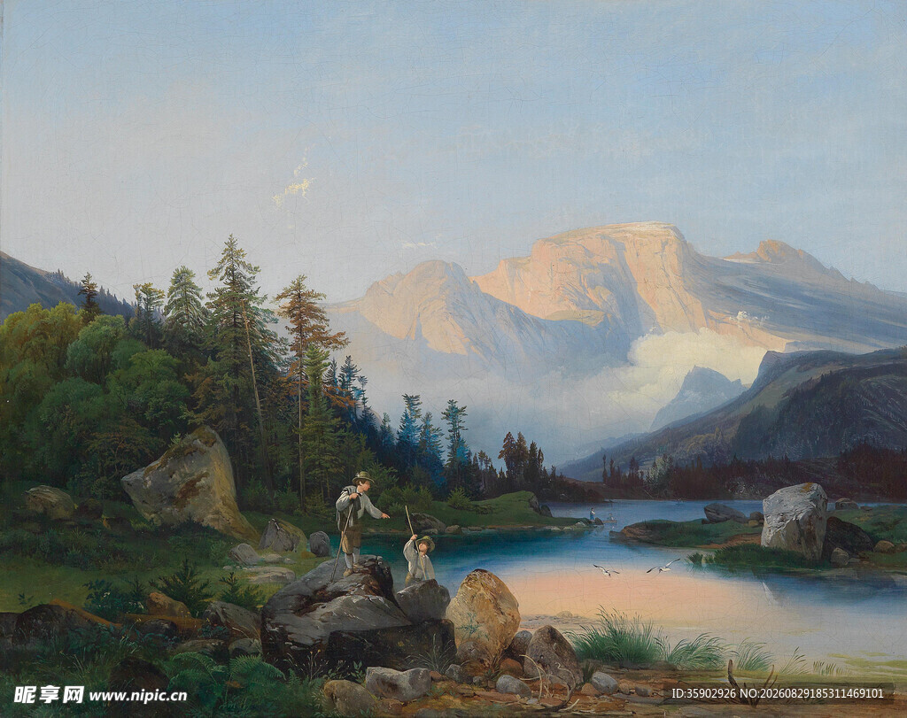 山间湖畔风景油画
