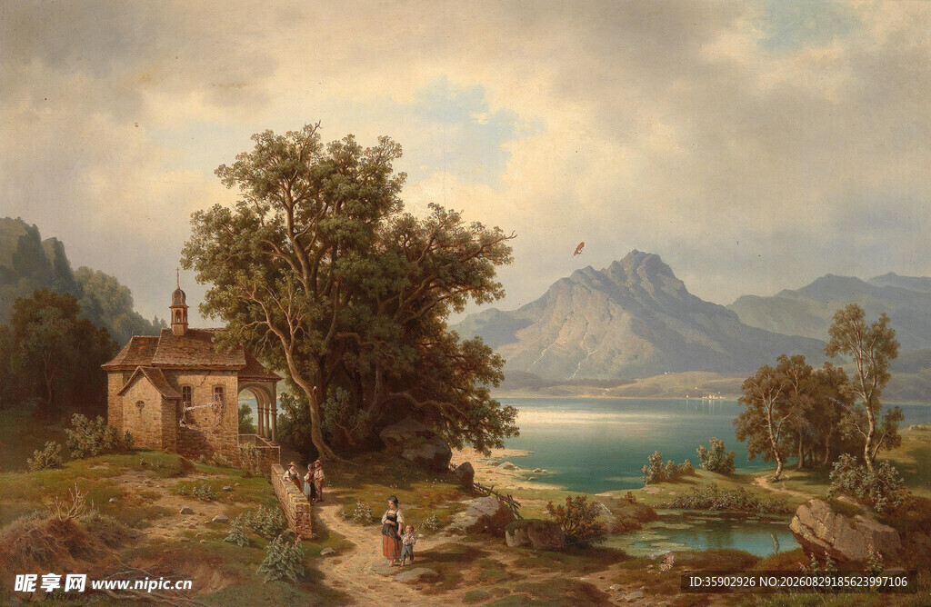 湖畔小屋风景油画