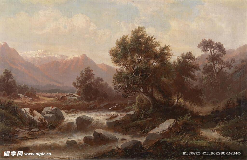 山间溪流风景油画