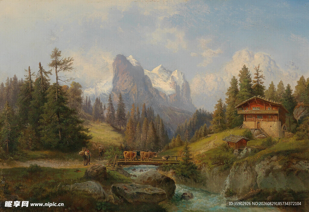 山间木屋溪流风景油画