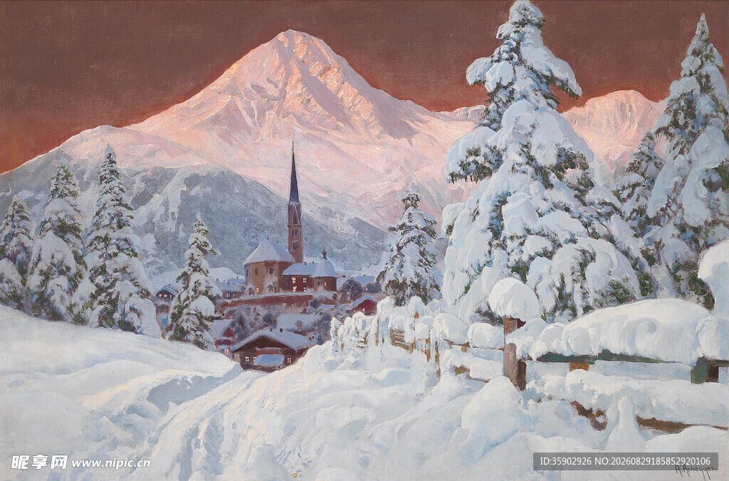 雪覆山林中的红顶建筑