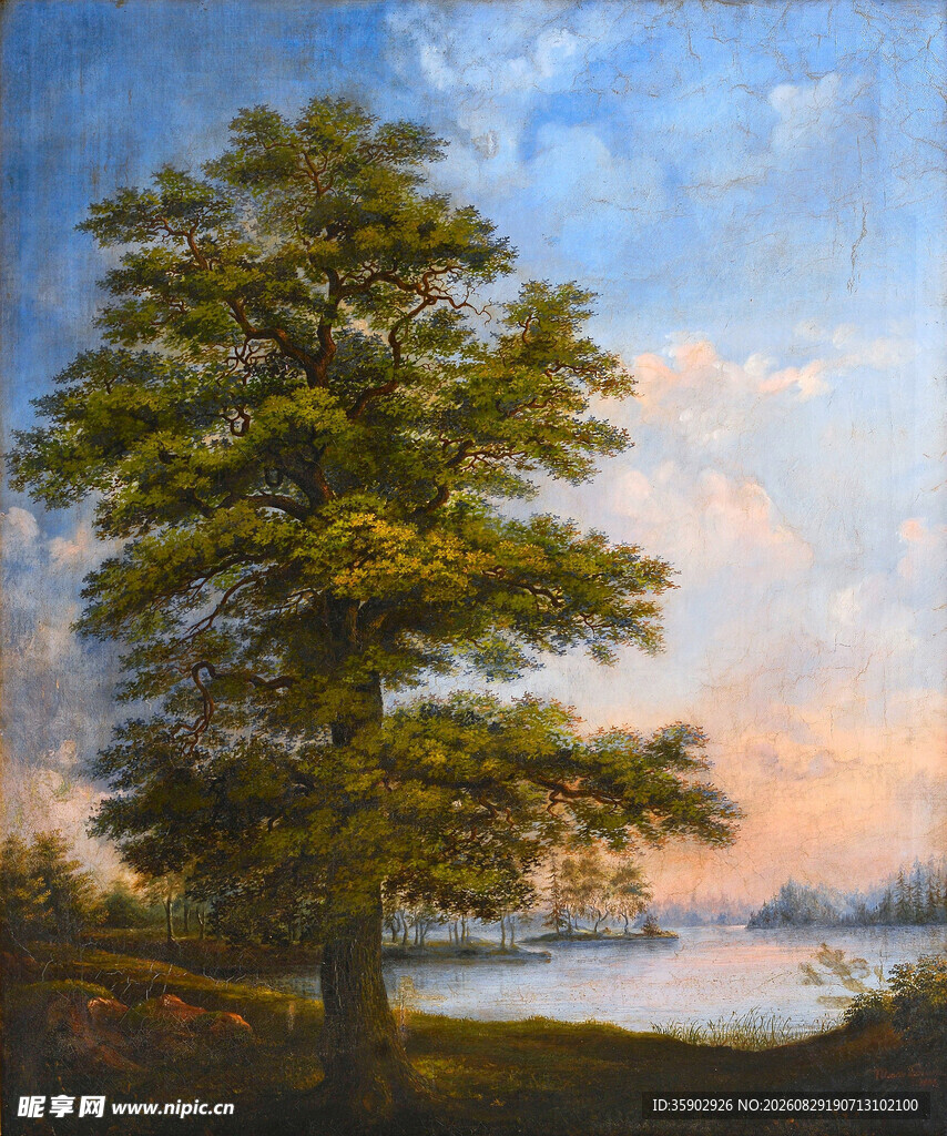 湖畔孤树风景油画