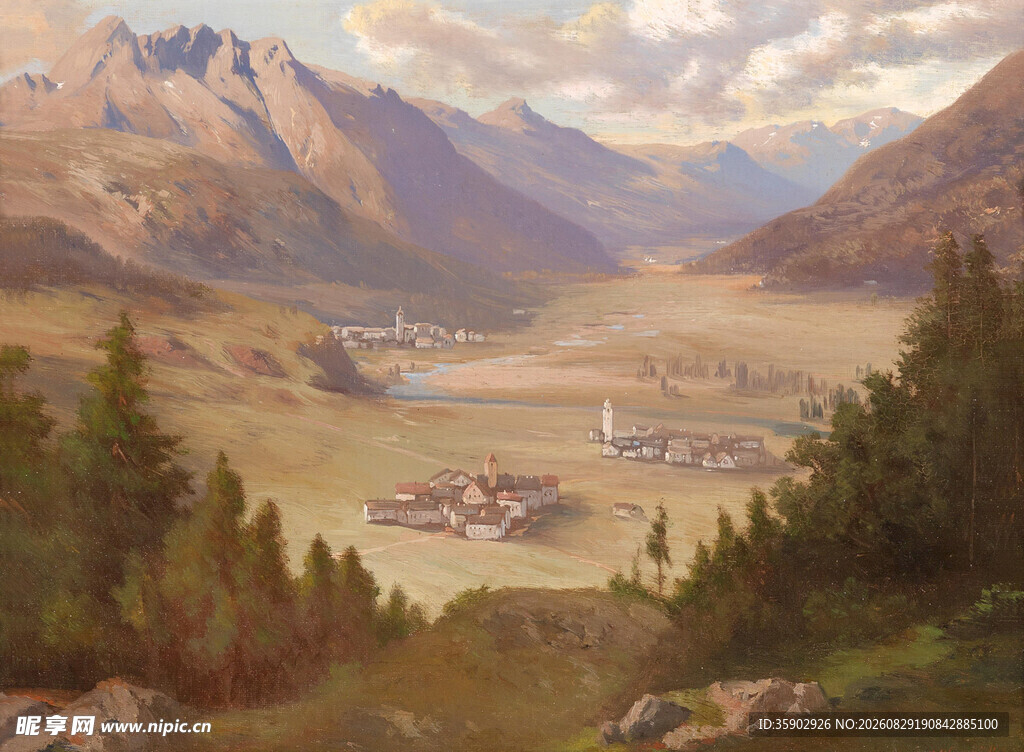 山间谷地风景油画
